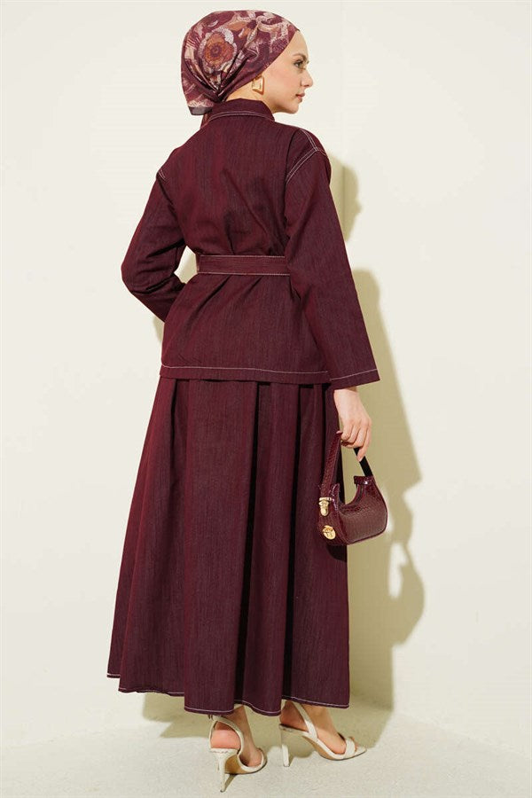 2 Piece Set with belt, double pockets, and skirt, in burgundy.