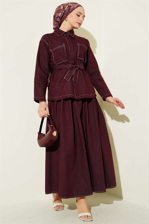 2 Piece Set with belt, double pockets, and skirt, in burgundy.
