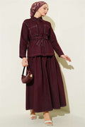 2 Piece Set with belt, double pockets, and skirt, in burgundy.