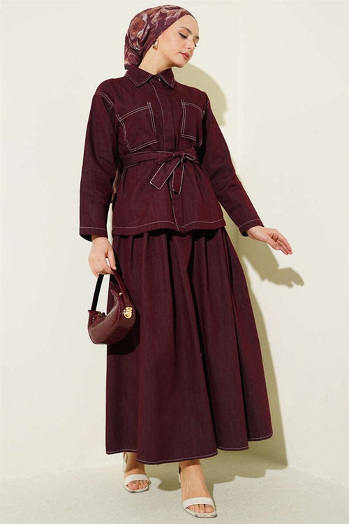 2 Piece Set with belt, double pockets, and skirt, in burgundy.