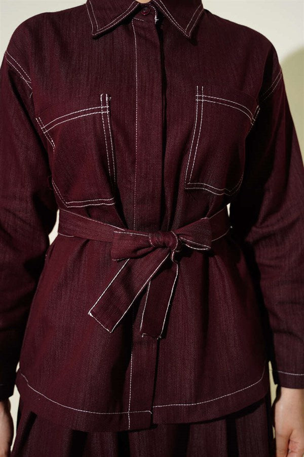 2 Piece Set with belt, double pockets, and skirt, in burgundy.