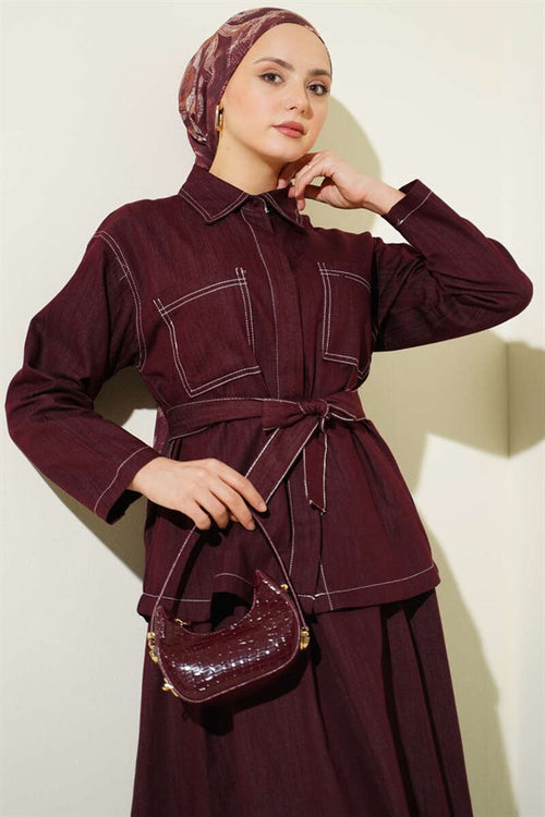 2 Piece Set with belt, double pockets, and skirt, in burgundy.