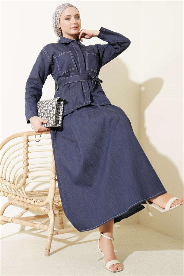 2 Piece Set with belt, double pockets, and skirt in indigo.