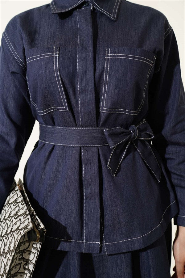 2 Piece Set with belt, double pockets, and skirt in indigo.