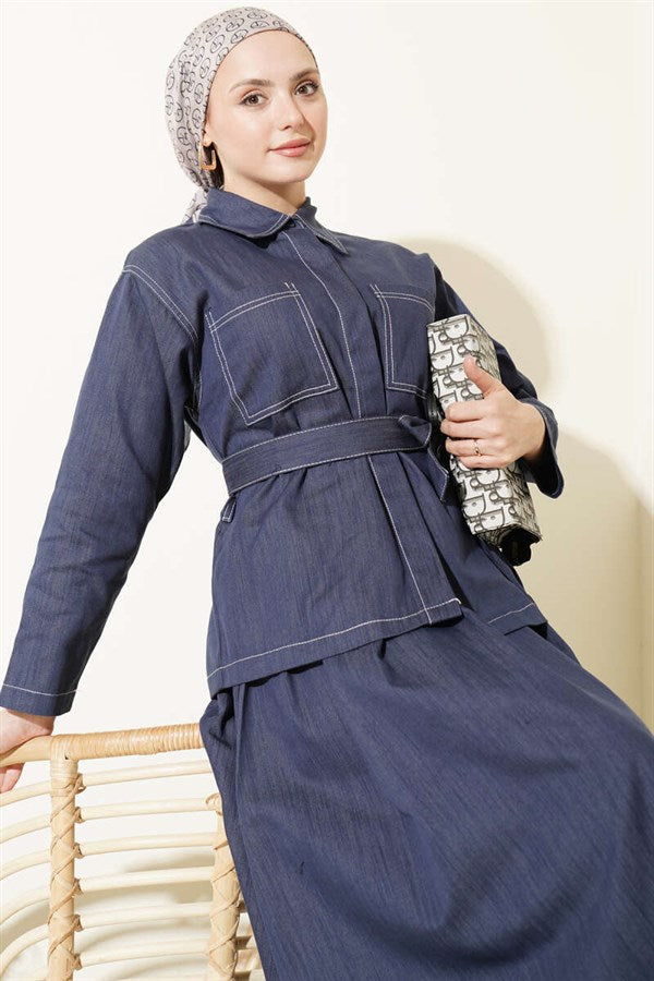 2 Piece Set with belt, double pockets, and skirt in indigo.