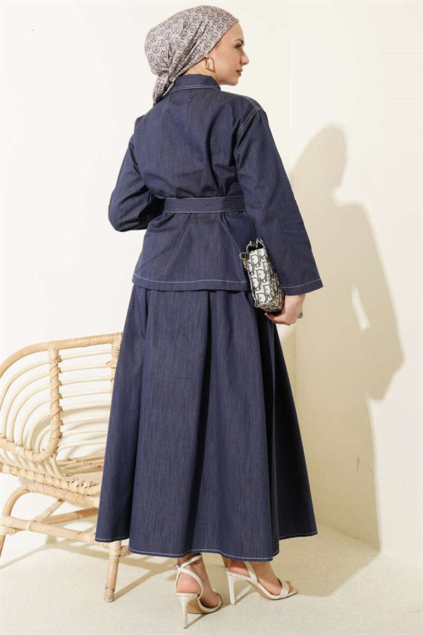 2 Piece Set with belt, double pockets, and skirt in indigo.