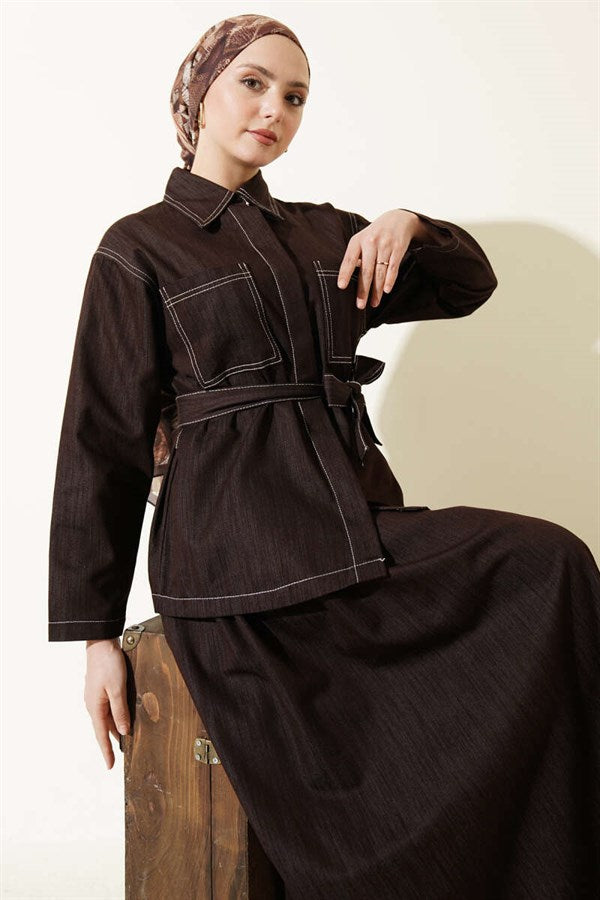 2 Piece Set with belt, double pockets, and skirt, coffee brown.