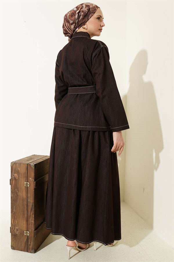 2 Piece Set with belt, double pockets, and skirt, coffee brown.