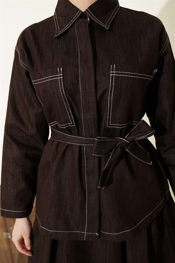 2 Piece Set with belt, double pockets, and skirt, coffee brown.