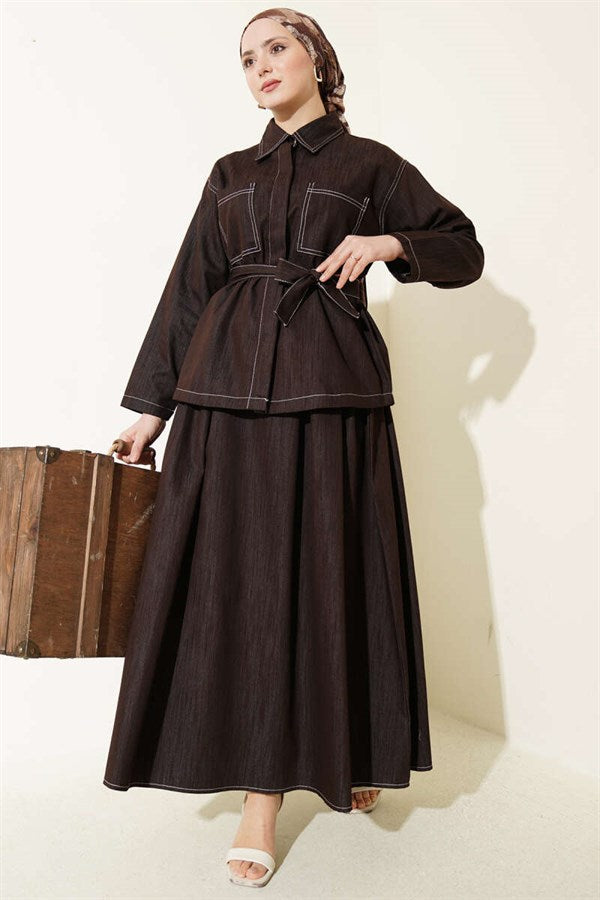 2 Piece Set with belt, double pockets, and skirt, coffee brown.