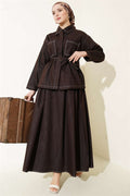 2 Piece Set with belt, double pockets, and skirt, coffee brown.