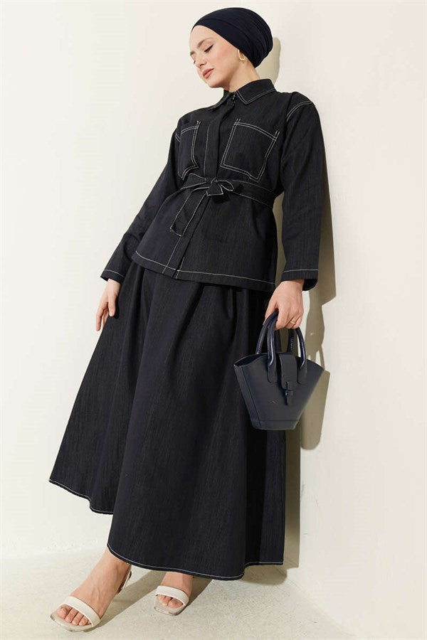 2 Piece Set with belt, double pockets, and skirt, navy blue.