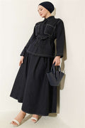 2 Piece Set with belt, double pockets, and skirt, navy blue.