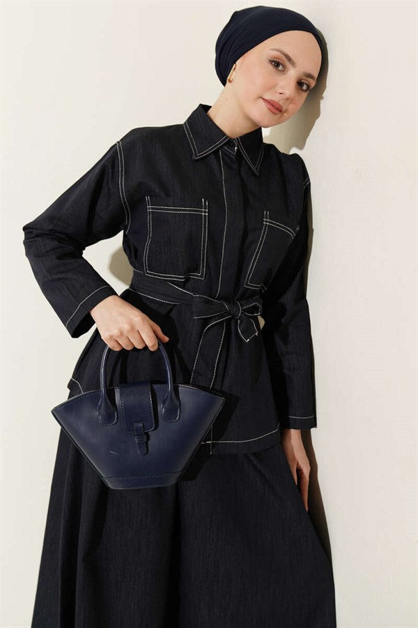 2 Piece Set with belt, double pockets, and skirt, navy blue.