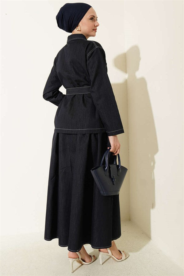 2 Piece Set with belt, double pockets, and skirt, navy blue.