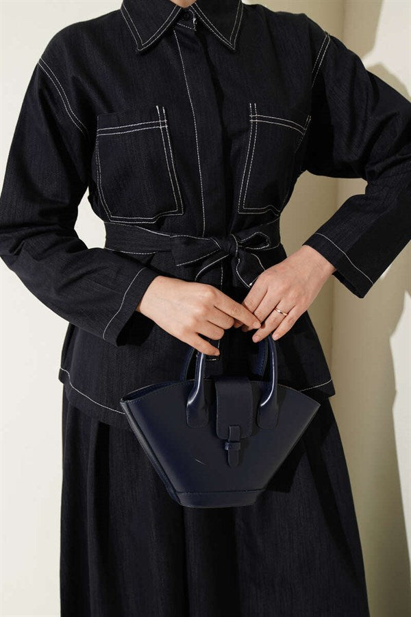 2 Piece Set with belt, double pockets, and skirt, navy blue.
