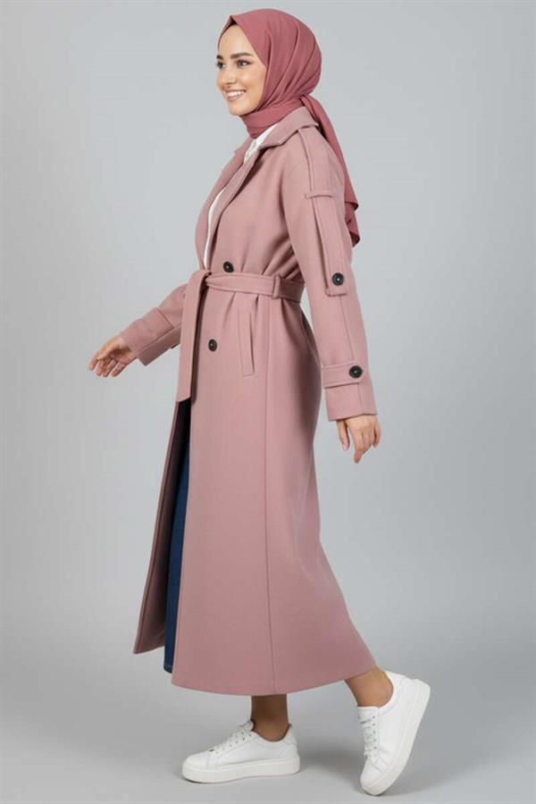 Belted Button Detailed Cashmere Coat Powder