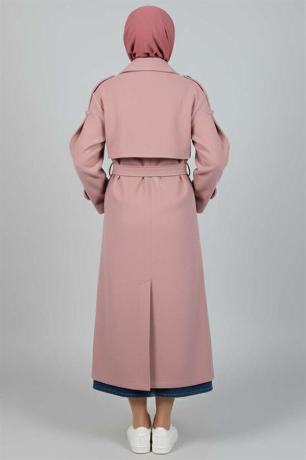 Belted Button Detailed Cashmere Coat Powder
