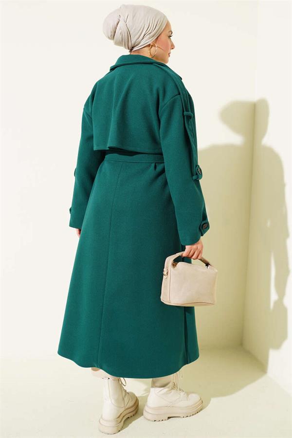 Belted Button Detail Cashmere Coat Emerald