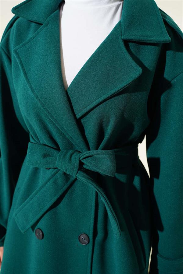 Belted Button Detail Cashmere Coat Emerald