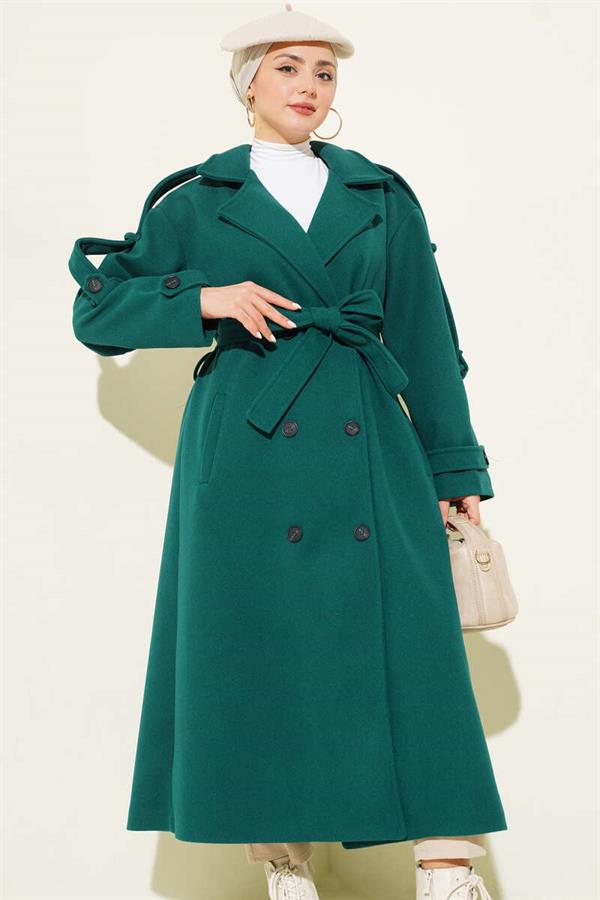Belted Button Detail Cashmere Coat Emerald