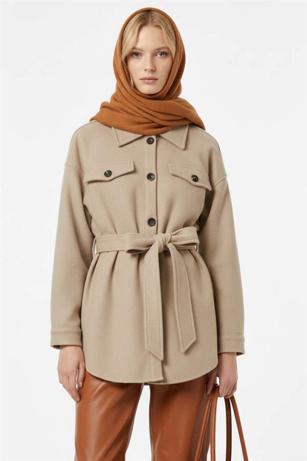 Belted Buttoned Cashmere Jacket Beige