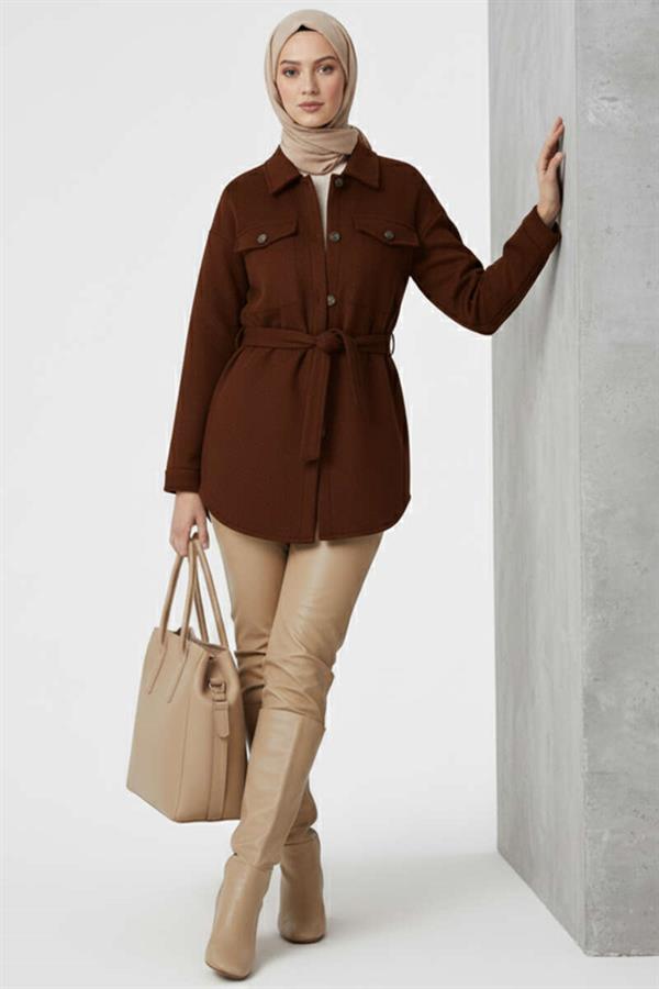 Belted Buttoned Cashmere Jacket Brown