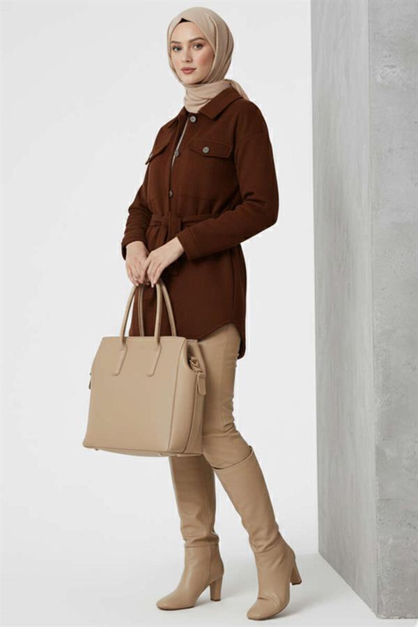 Belted Buttoned Cashmere Jacket Brown