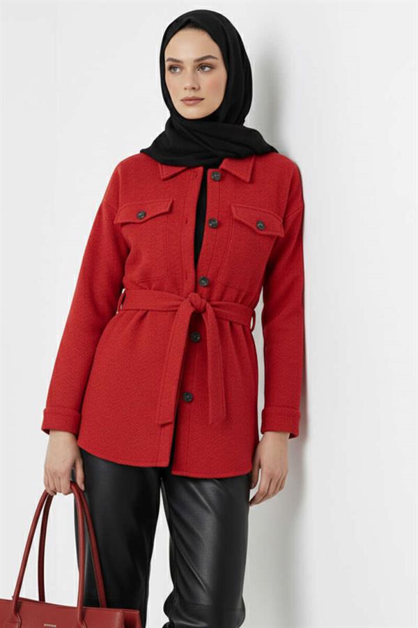 Belted Buttoned Cashmere Jacket Red