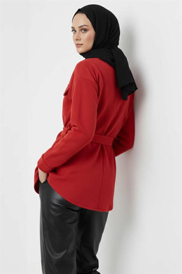 Belted Buttoned Cashmere Jacket Red