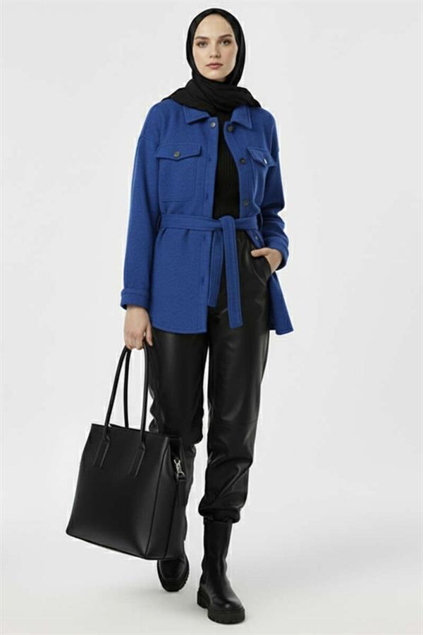 Belted Buttoned Cashmere Jacket in Saxe