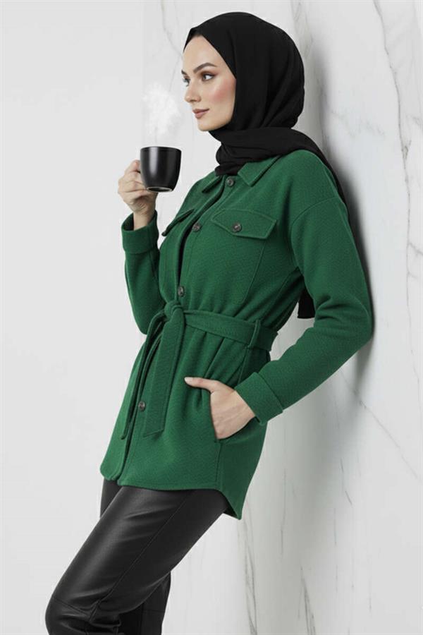 Belted Buttoned Cashmere Jacket Emerald