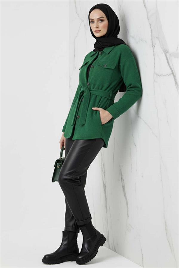 Belted Buttoned Cashmere Jacket Emerald