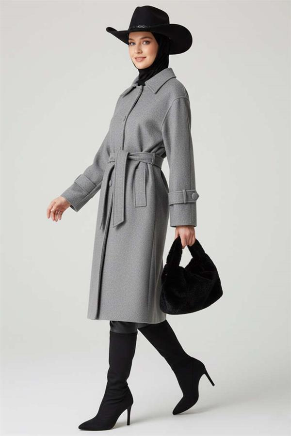 Belted Buttoned Cashmere Coat Gray