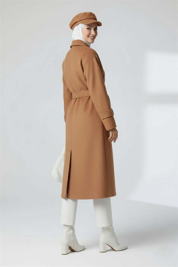 Belted Buttoned Cashmere Coat in Tan
