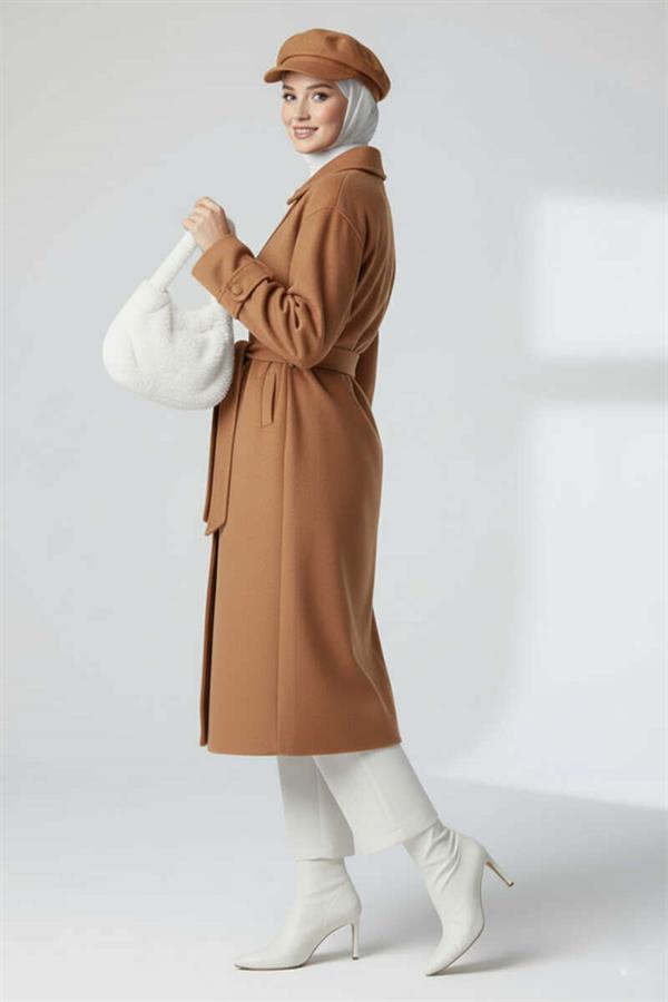 Belted Buttoned Cashmere Coat in Tan