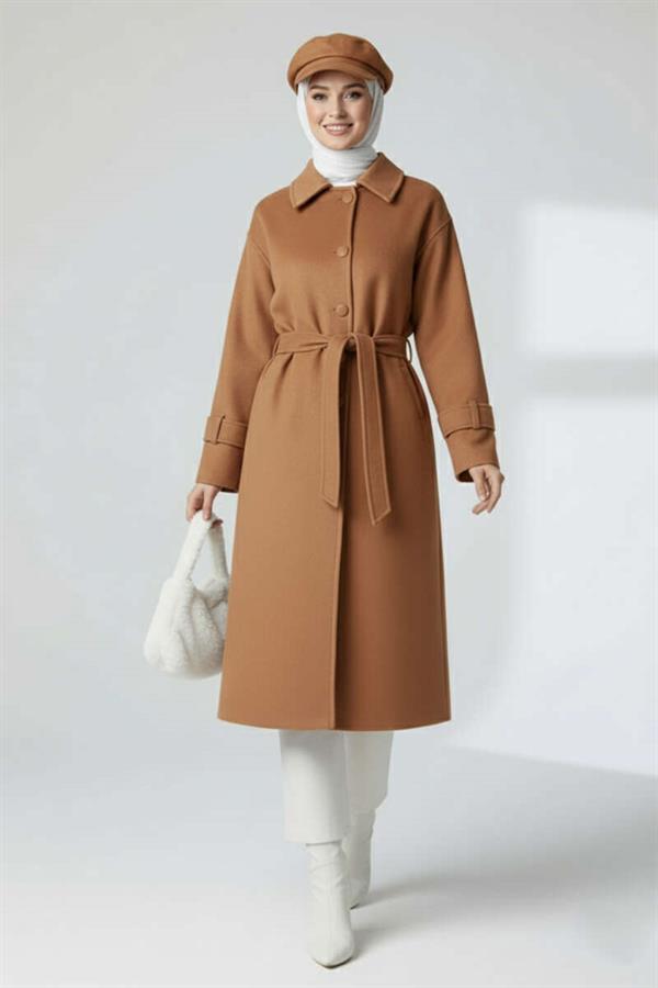 Belted Buttoned Cashmere Coat in Tan