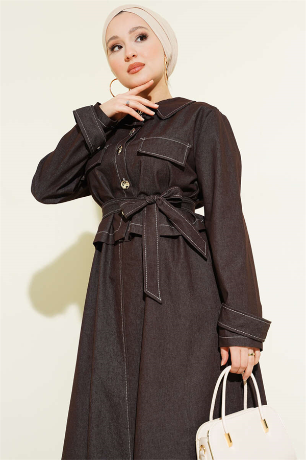 Belted Buttoned Denim Vest 2 Piece Set, Coffee