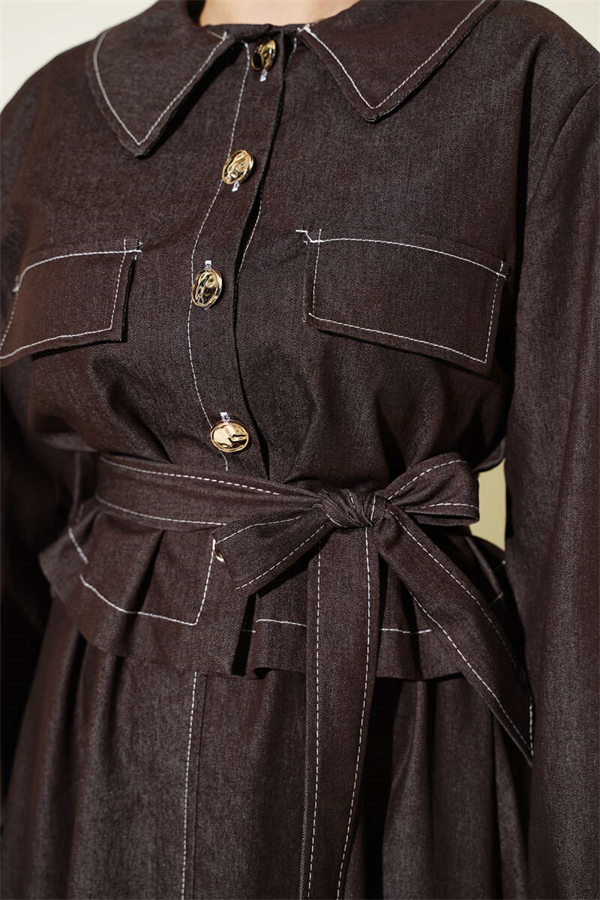 Belted Buttoned Denim Vest 2 Piece Set, Coffee