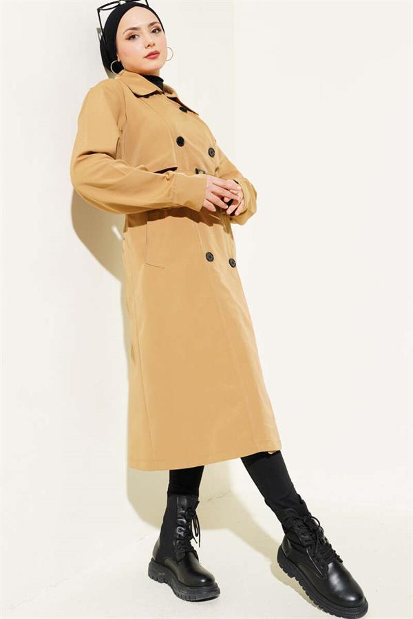 Belted Buttoned Double Breasted Trench Coat Camel