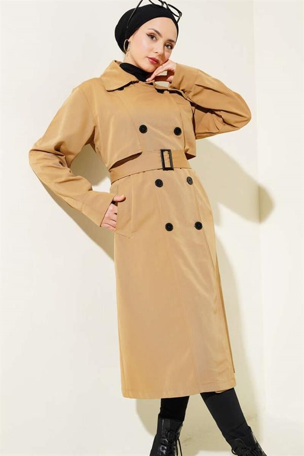 Belted Buttoned Double Breasted Trench Coat Camel