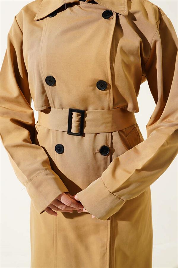 Belted Buttoned Double Breasted Trench Coat Camel