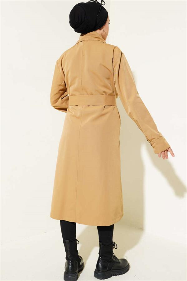 Belted Buttoned Double Breasted Trench Coat Camel