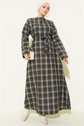 Belted Plaid Patterned Flared Dress, Khaki
