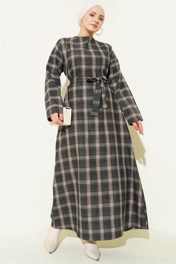 Belted Plaid Patterned Flared Dress, Khaki