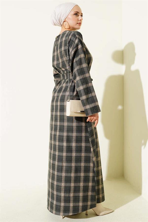 Belted Plaid Patterned Flared Dress, Khaki