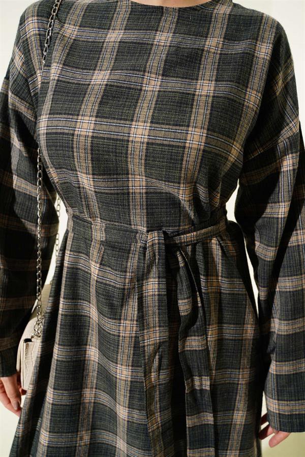 Belted Plaid Patterned Flared Dress, Khaki