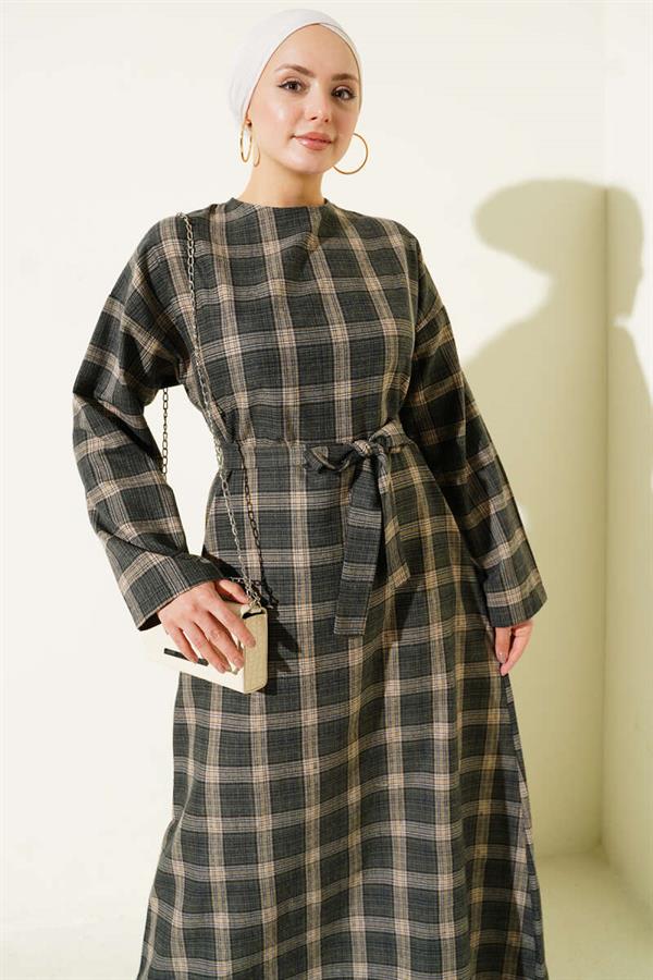Belted Plaid Patterned Flared Dress, Khaki