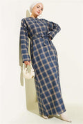 Belted Plaid Patterned Flared Dress Indigo