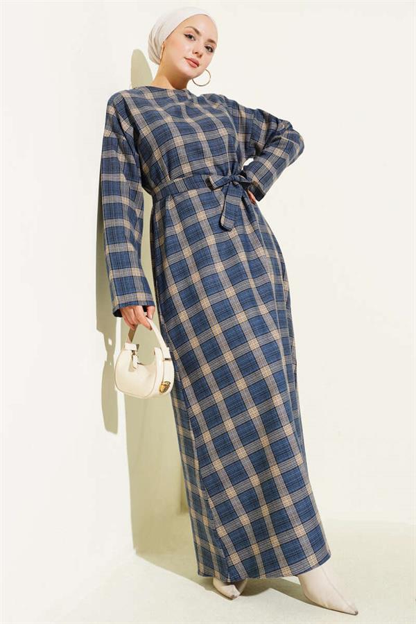 Belted Plaid Patterned Flared Dress Indigo